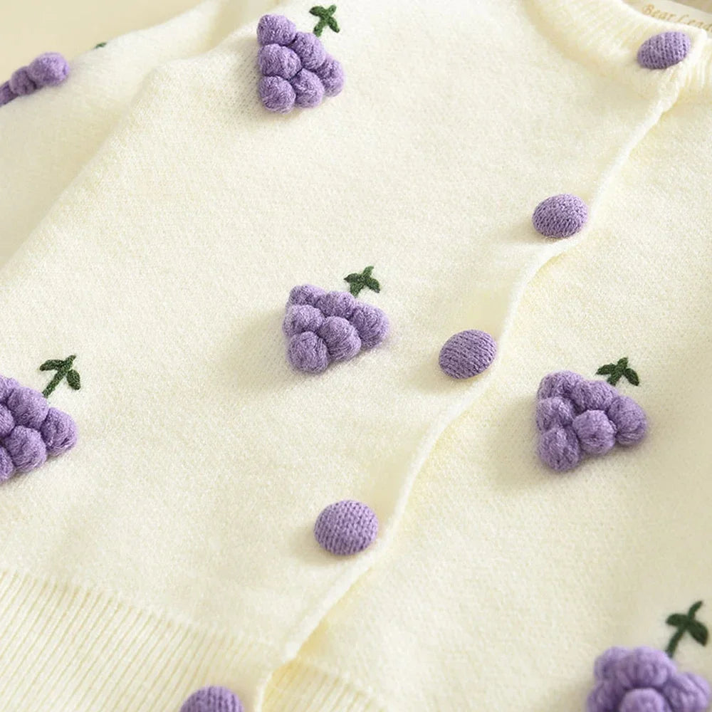 Kids Clothes Girls Winter Children's Clothing Cartoon Grape Strawberry Decoration Sweater Cardigan+solid Color Pleated Skirt Set