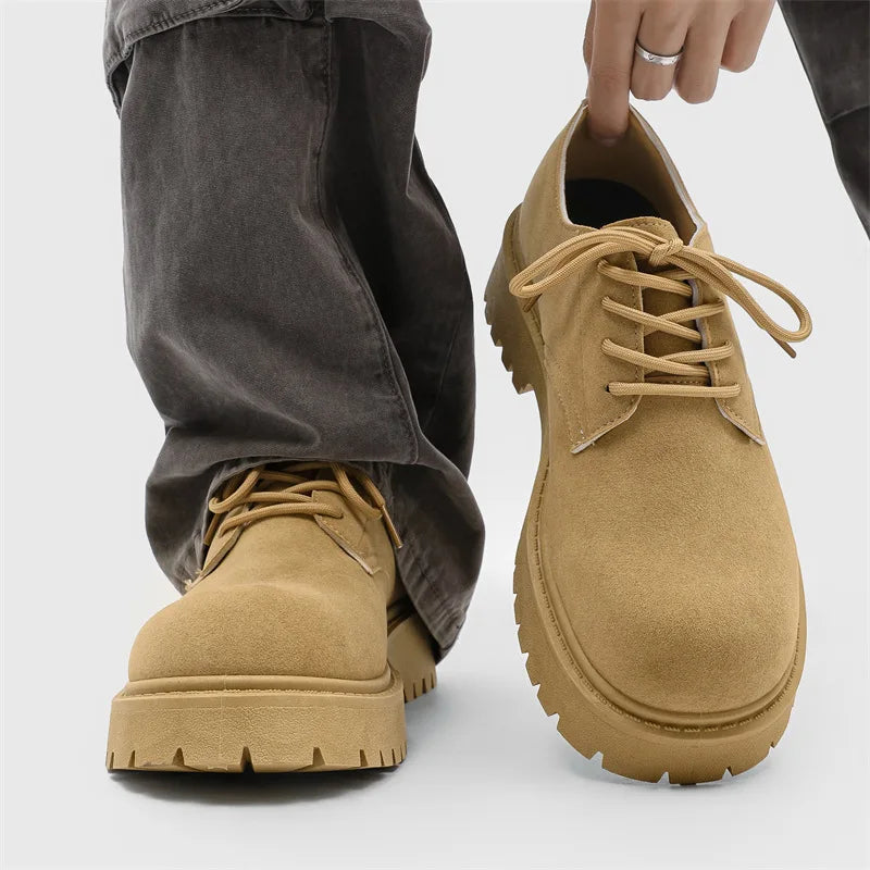 Mens Chunky Derby Work Boots Retro Lace-Up Suede Shoes Thick Sole Breathable Low-Top Industrial Casual Footwear for Men 2026