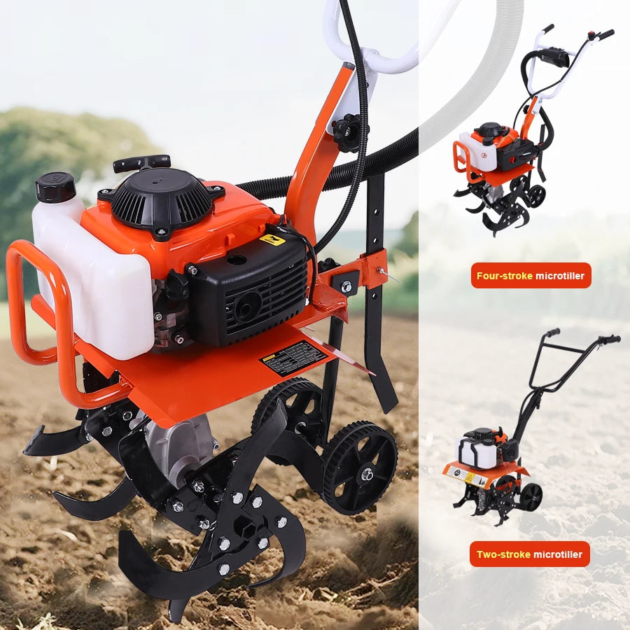 4-Stroke/2-Stroke Micro Tiller Gas-Powered Garden Cultivator Rototiller for Small Farm Land Soil Cultivation Weeding