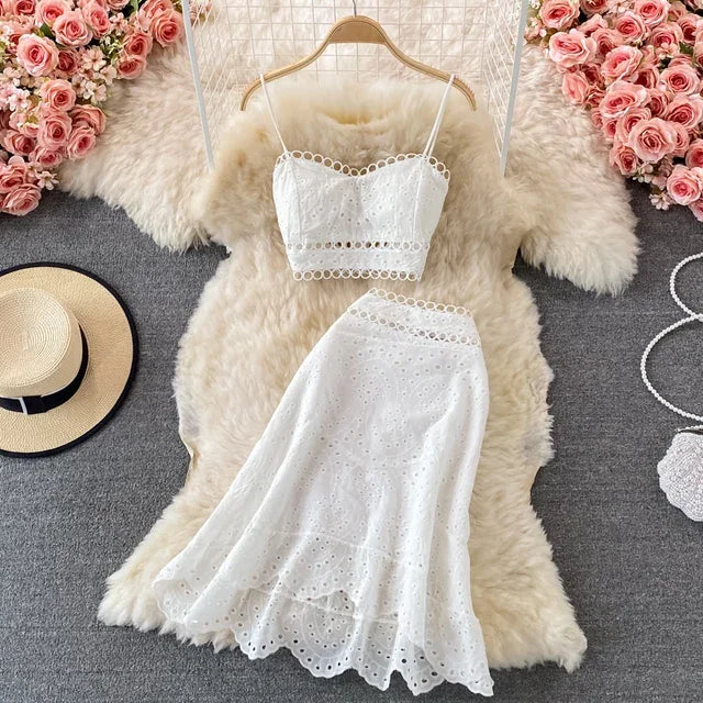 Summer Elegant Casual Fashion Skirts Suit Women Hallow Out Sleeveless Tanks Tops A-Line Two Pieces Set Female Outfits