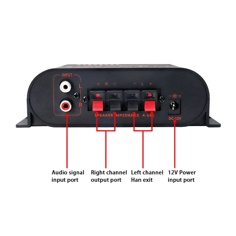 HiFi Stereo Audio Amplifier RCA Input 2-Channel 20W×2 DC12V Mini Amp with Bass Treble Control For Car Home Speaker System