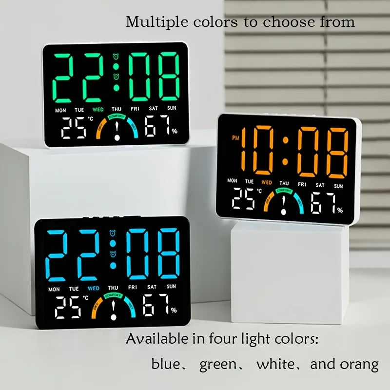 A multifunctional electronic clock with a borderless design, featuring brightness adjustment and automatic sensing functions, ca