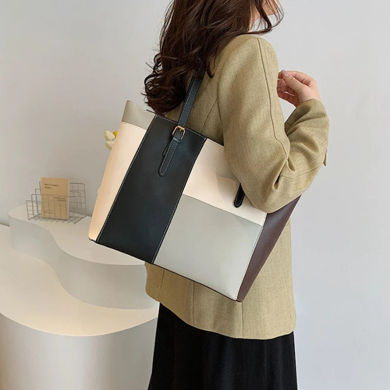 Women's Handbag, 2025 New Fashion Korean Version Large Capacity Simple Single Shoulder Contrasting Color Tote Bags, Handbag