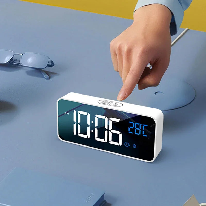 Voice Control Digital Alarm Clock TEMP 2 Alarms Snooze Night Mode Table Clock Power Switch 12/24H Rechargeable Music LED Clock