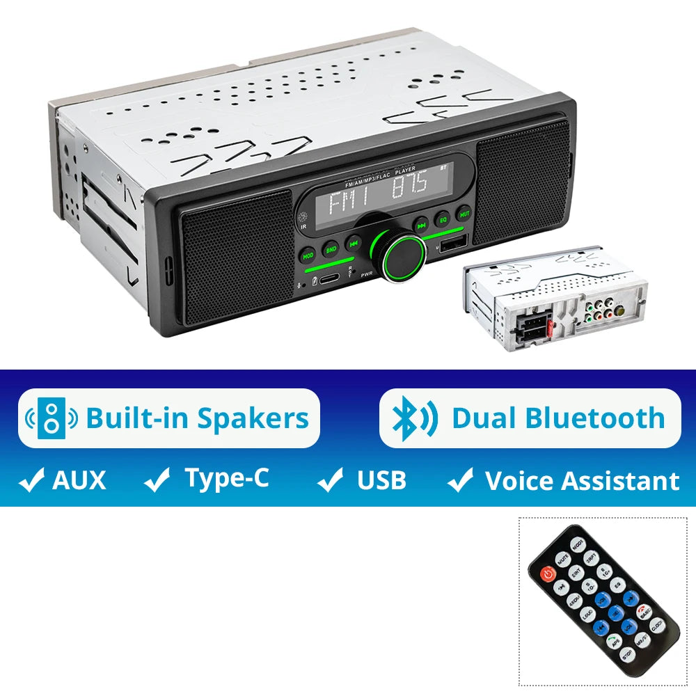 Car Radio 1Din MP3 Player Stereo Dual Bluetooth Built-in Speaker FM AM RDS AUX input USB EQ Type-C Charging Universal