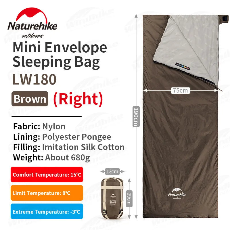 Naturehike LW180 Camping Sleeping Bag Ultralight Spring Summer Cotton Sleeping Bag for Single Couple Tourist Hiking Waterproof