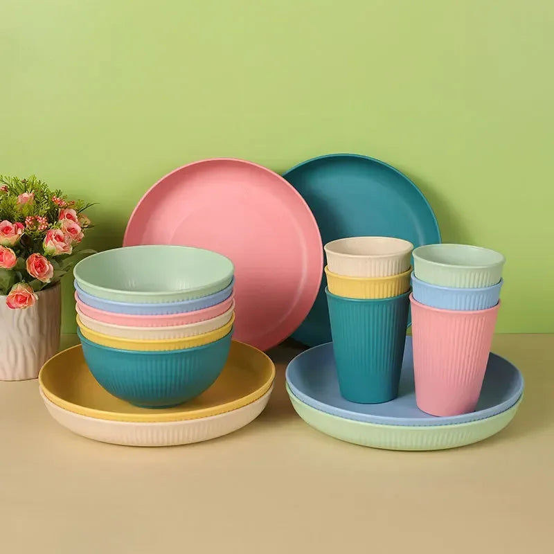 Wheat Straw Dinnerware Set Eco-friendly Safety Plates Cups Bowels Home Party Tableware Set Outdoor Camp Candy Colour Gift