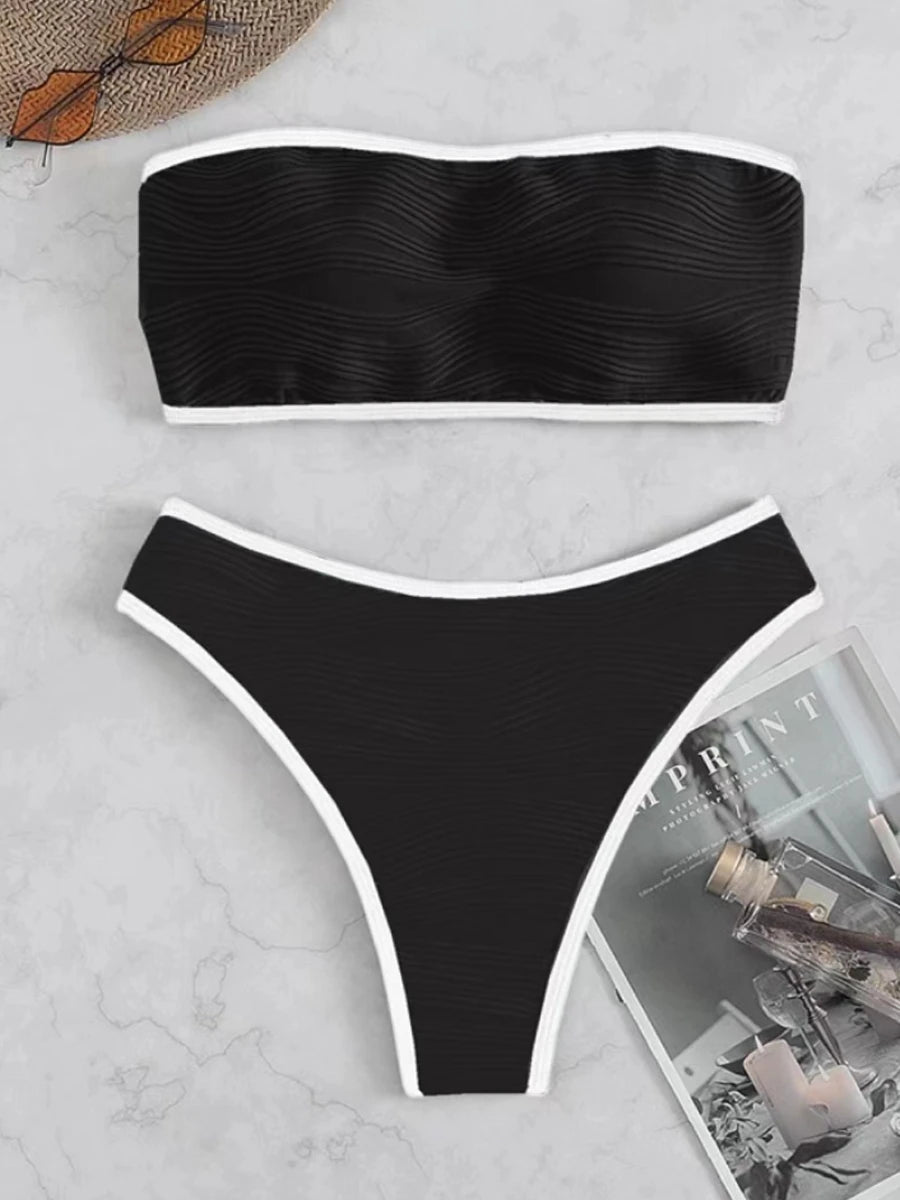 2026 Women Sexy Thong Swimsuit Push Up Swimwear Contrast Binding Bandeau Bikinis Female Bathing Suit Swimming Summer Beachwear