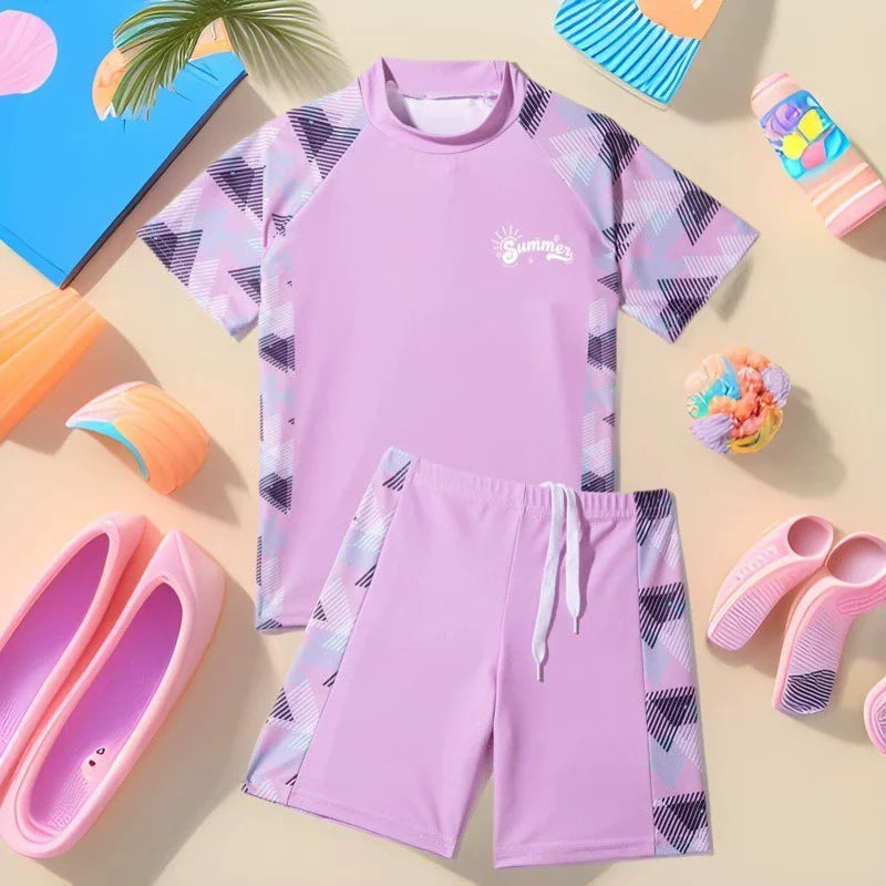 Boys Girls Swimsuit Sets Kids Short Sleeve T-Shirt Shorts Swimwear 2Pcs Children's Split Surfing Quick Drying Swimming Clothes