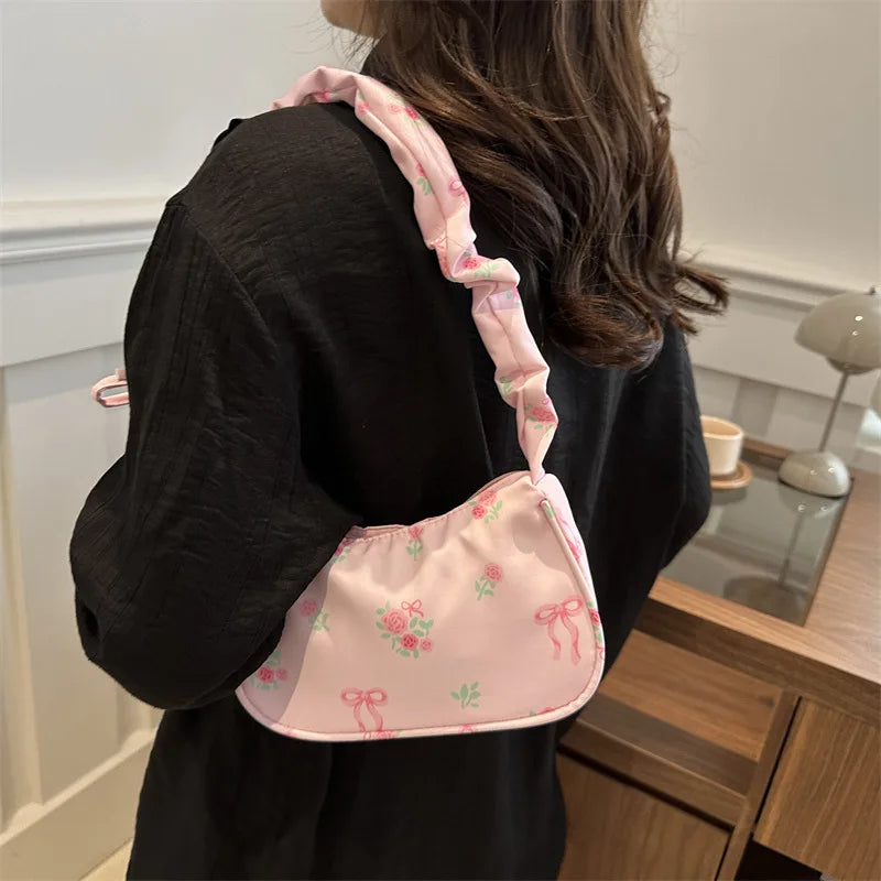 Women's Bags New Sweet Print Canvas Handbags Korean Floral Bow Printed Zipper Tote Bag Female Small Shoulder Bag