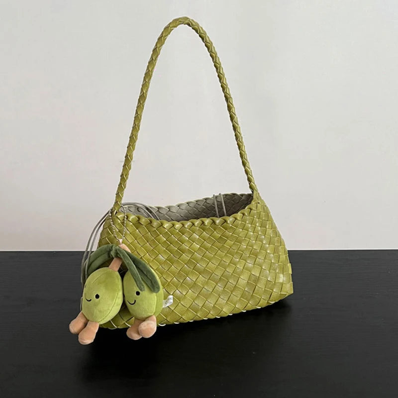 PU Hand-Woven women's Bag, Vegetable Basket Sailboat Bucket bag, Casual Vacation Handbag Shoulder Bag