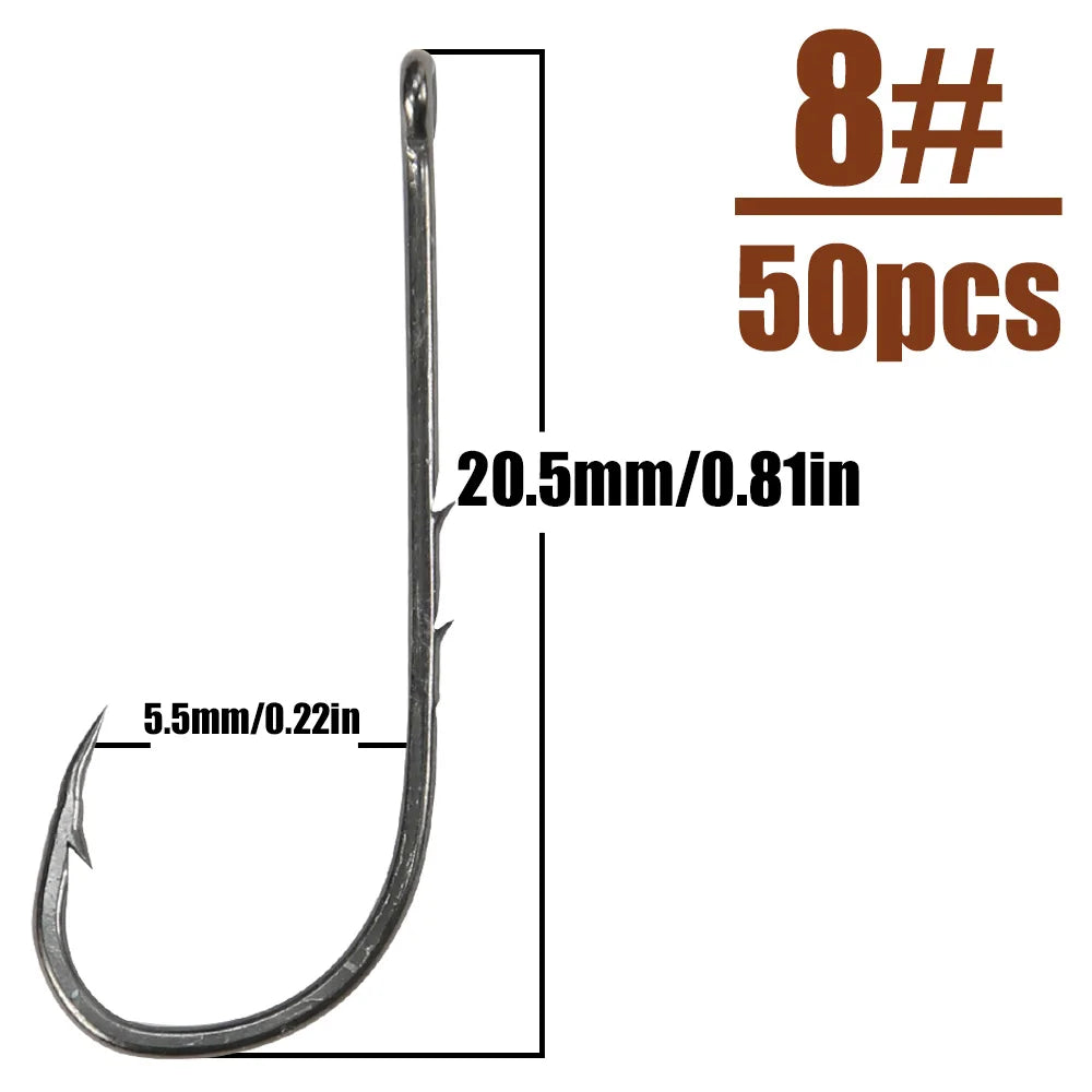 B&U 50pcs/lot Fishhooks High Carbon Steel Long And Straight Shank Barbed Fishing Hooks For Fresh And Saltwater Fishing
