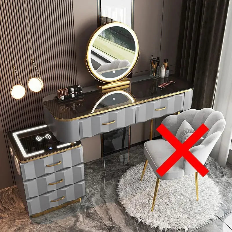 Makeup Vanity Desk with Wireless Charging Station and Bluetooth Speaker, Dressing Table with Tempered Glass Desktop,Vanity Set
