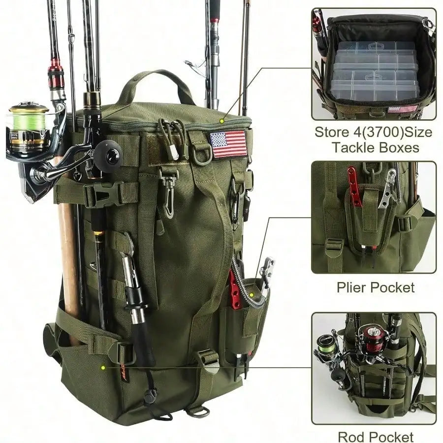 Fishing Tackle Bag with Rod Holders, Large Storage, Tackle Box Backpack for Carrying Fishing Gear and Equipment, Gifts for Men