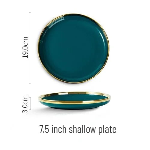 Gold Edging Green Porcelain Plates Food Dinner Set Dishes Salad Soup Bowl Ceramic Plates Bowls Luxurious Tableware Set