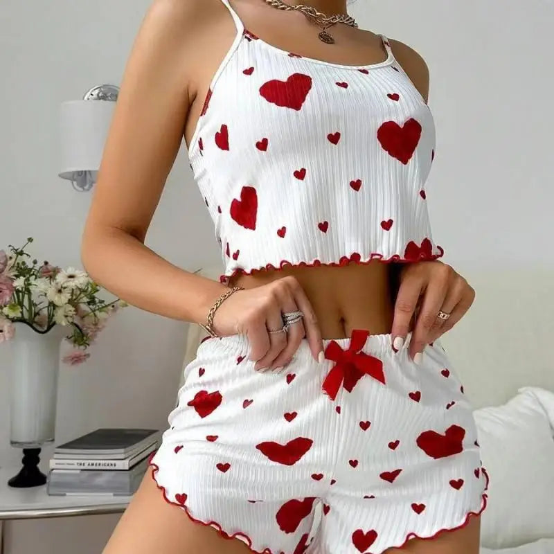 Women's Summer Pajama Set 2PC - Cute Heart Print Sleeveless Tank Top & Bow Shorts Lightweight Polyester Sleepwear Loungewear