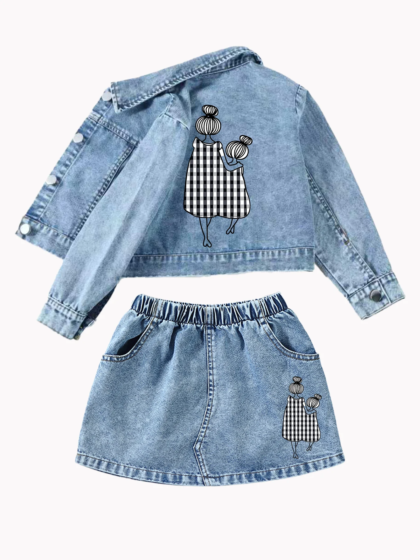 Children’s Clothing Set: Mother-Daughter Printed Denim Jacket and Skirt, Fashionable Kids’ Outfit for Girls Aged 1 to 8 Years