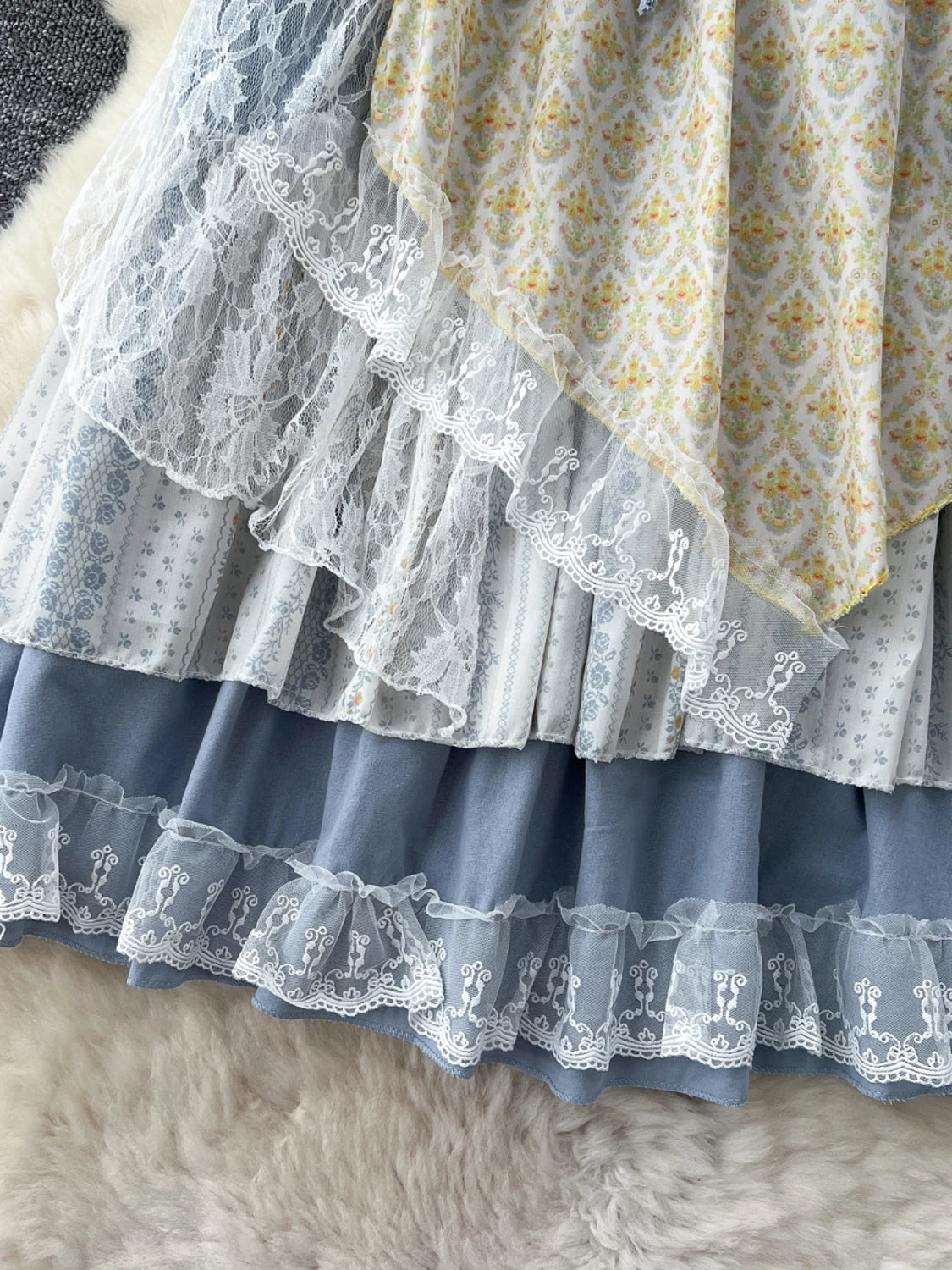 Sweet Forest System High Waist f Skirt Women's Summer New Design Lace Splicing Floral Asymmetrical Fairy Skirt