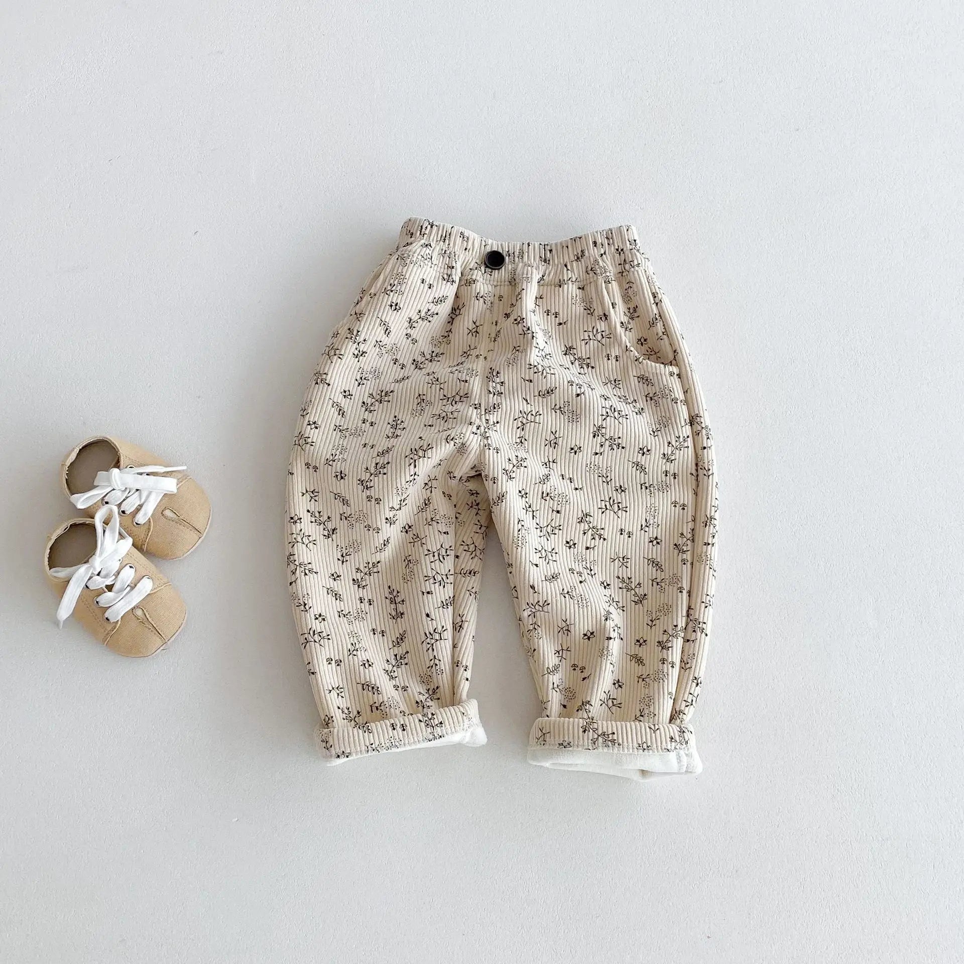 Korean Children's Clothes 2025 Winter Pants Kids Corduroy Floral Print Fleece Lined 0-5Y Baby Boys Girls Warm Winter Trousers