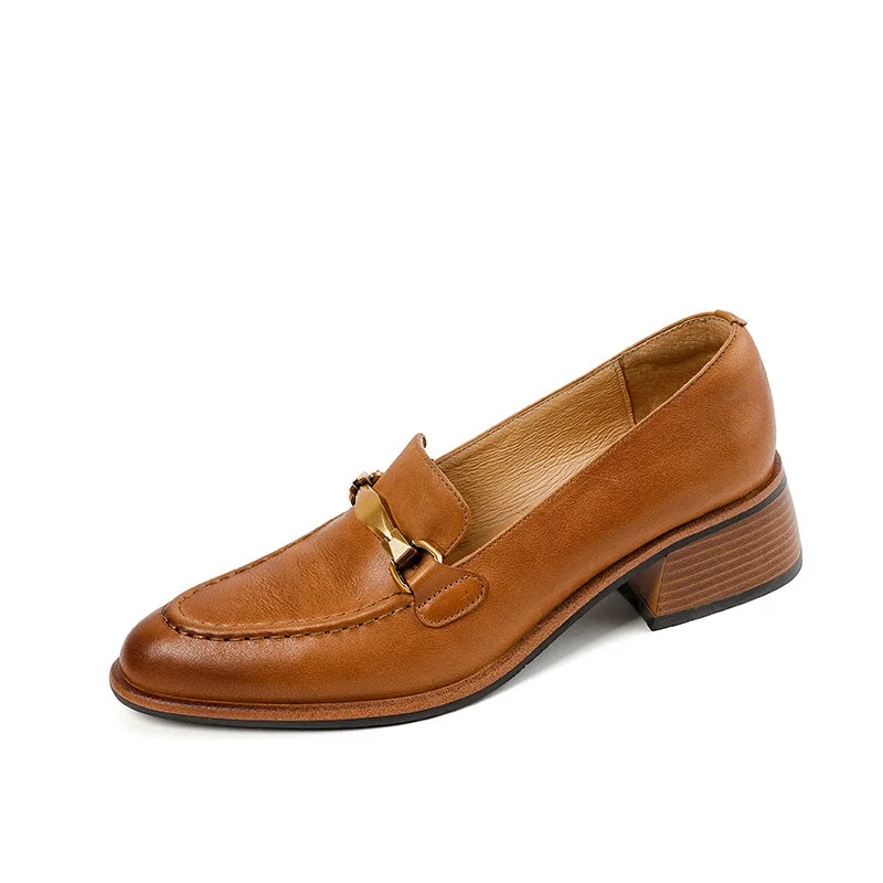 Basic Women Pumps Spring Summer High Heel Round Toe Buckle Genuine Leather Office Lady Working Loafers Shoes Woman 2025 New