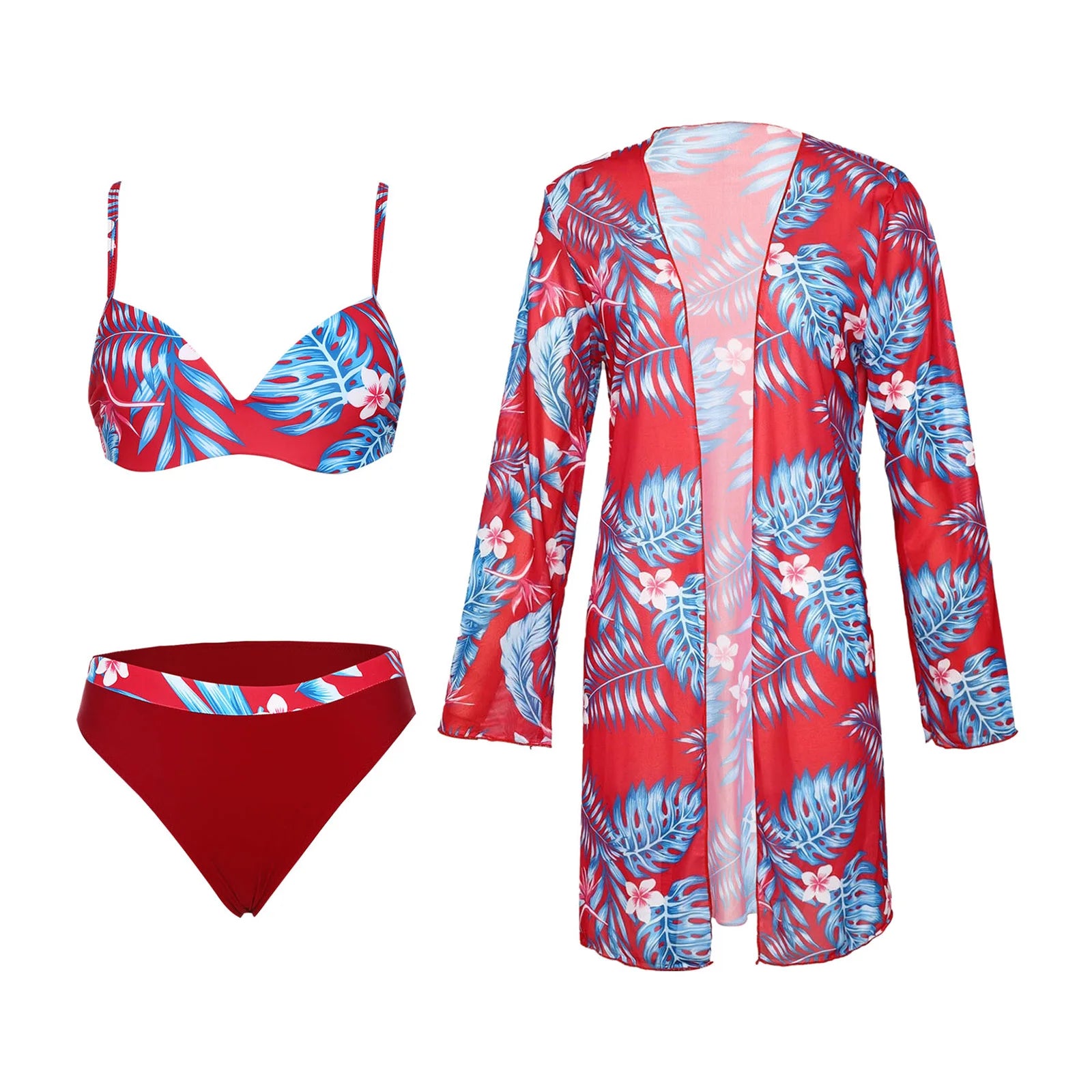 Womens Swim Sets Swimsuit Outfits Underwired Padded Bikini Set with Chiffon Cover-up Tropical Print Swimwear Beach Bathing Suit