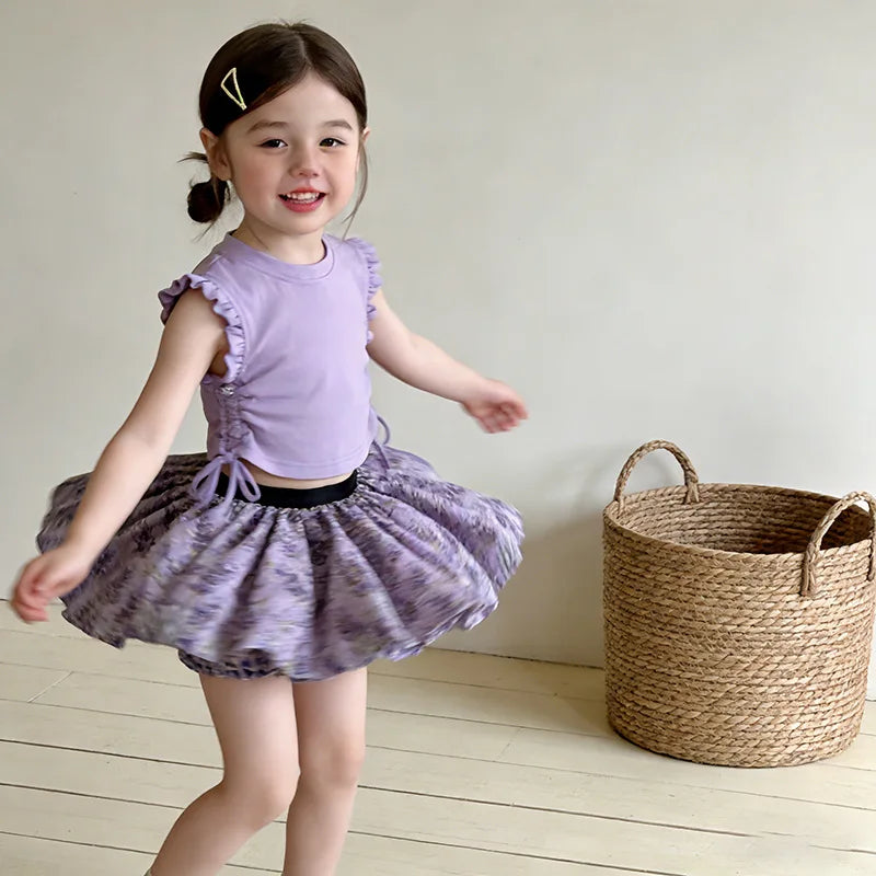 Kids Girls Summer Clothes Sets Fashionable Lace T-shirt + Floral Skirt Pants Children Clothing Baby 2pcs Sets Kids Clothes Girls