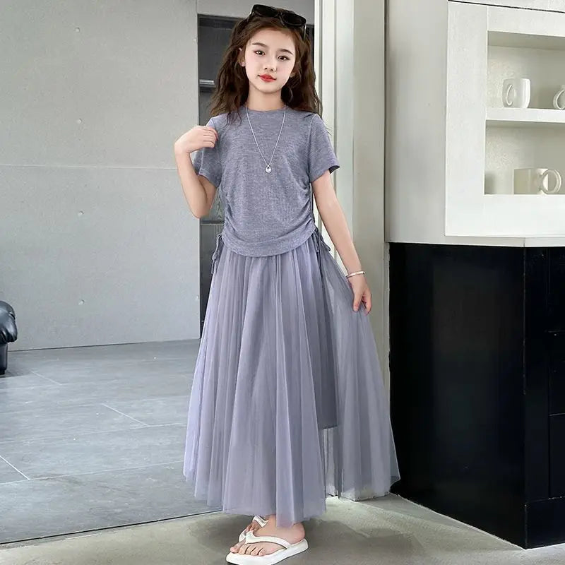 Children's Costume Girls Clothes 11 To 12 Years Old Sets Summer Suits Child Set Fashion Outfit T-shirts Home Clothing Girl Dress