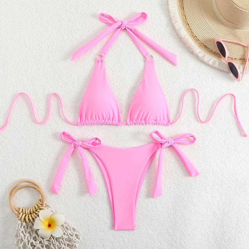 Sexy Bikini Women Swimsuits Swimwear Woman 2026 Halter Tie Bathing Suit Lace Up Beach Wear Swimming Fo Female Thong Bikinis Sets