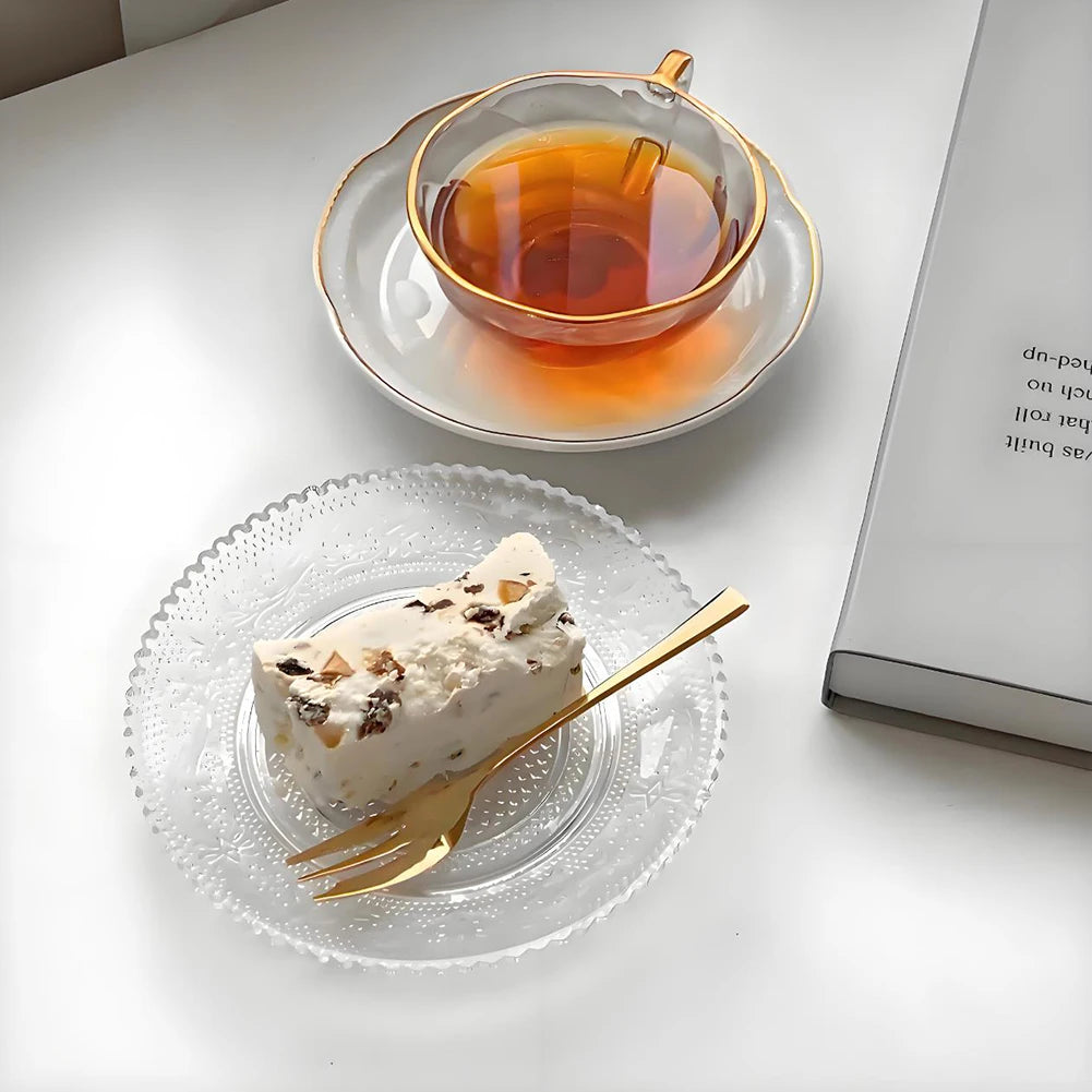 Cafe Cake Snack Glass Plate High-value Vintage Clear Glass Embossed Dinner Plates Reusable Home Kitchen Party DIY Dessert Plate