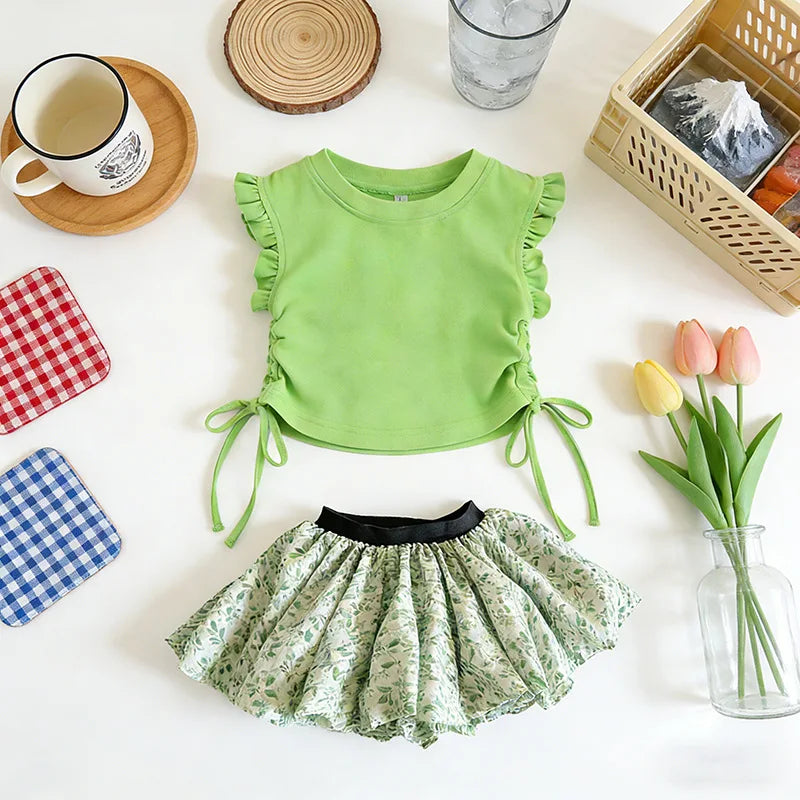 Kids Girls Summer Clothes Sets Fashionable Lace T-shirt + Floral Skirt Pants Children Clothing Baby 2pcs Sets Kids Clothes Girls