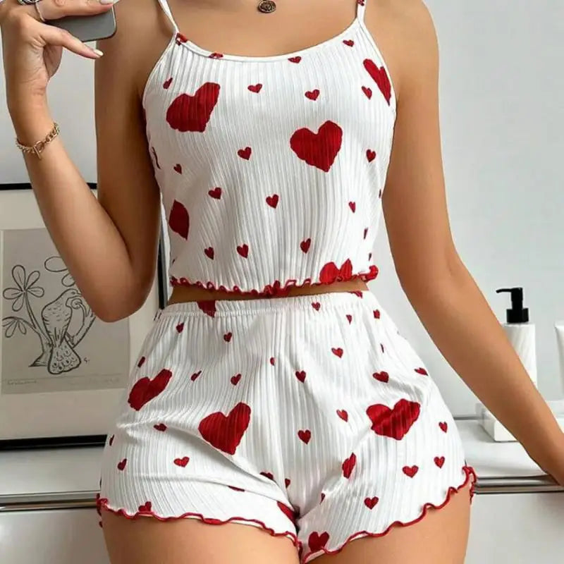 Women's Summer Pajama Set 2PC - Cute Heart Print Sleeveless Tank Top & Bow Shorts Lightweight Polyester Sleepwear Loungewear