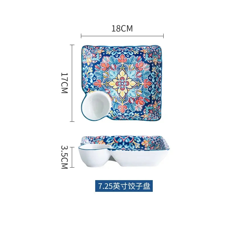 Bohemia Ceramic Rice Bowl Serving Plate Creative Ceramic Cutlery Soup Noodle Bowl Household Handle Bowl Sauce Dish