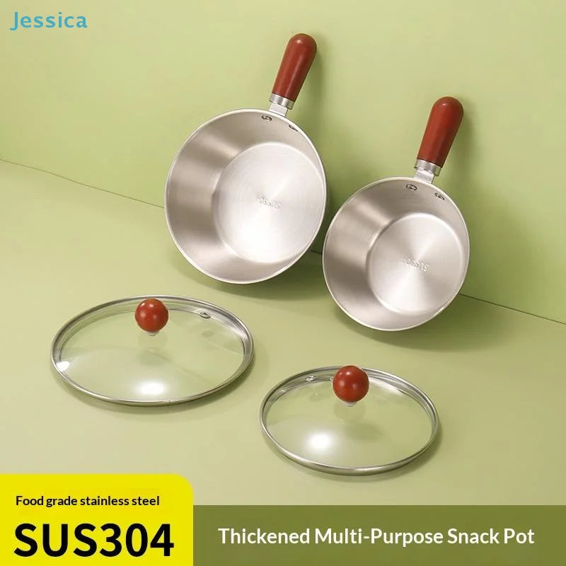 ♥Stainless Steel Cooking Pans with Wooden Handle & Glass Lid - Multi-Purpose Small Pots for Noodles/Eggs