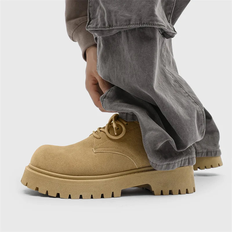 Mens Chunky Derby Work Boots Retro Lace-Up Suede Shoes Thick Sole Breathable Low-Top Industrial Casual Footwear for Men 2026