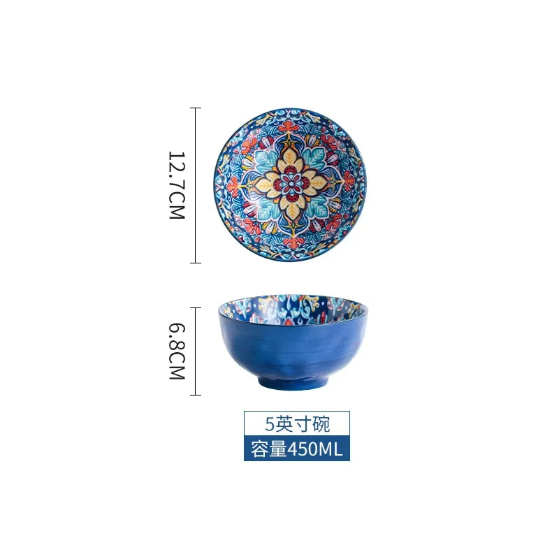 Bohemia Ceramic Rice Bowl Serving Plate Creative Ceramic Cutlery Soup Noodle Bowl Household Handle Bowl Sauce Dish