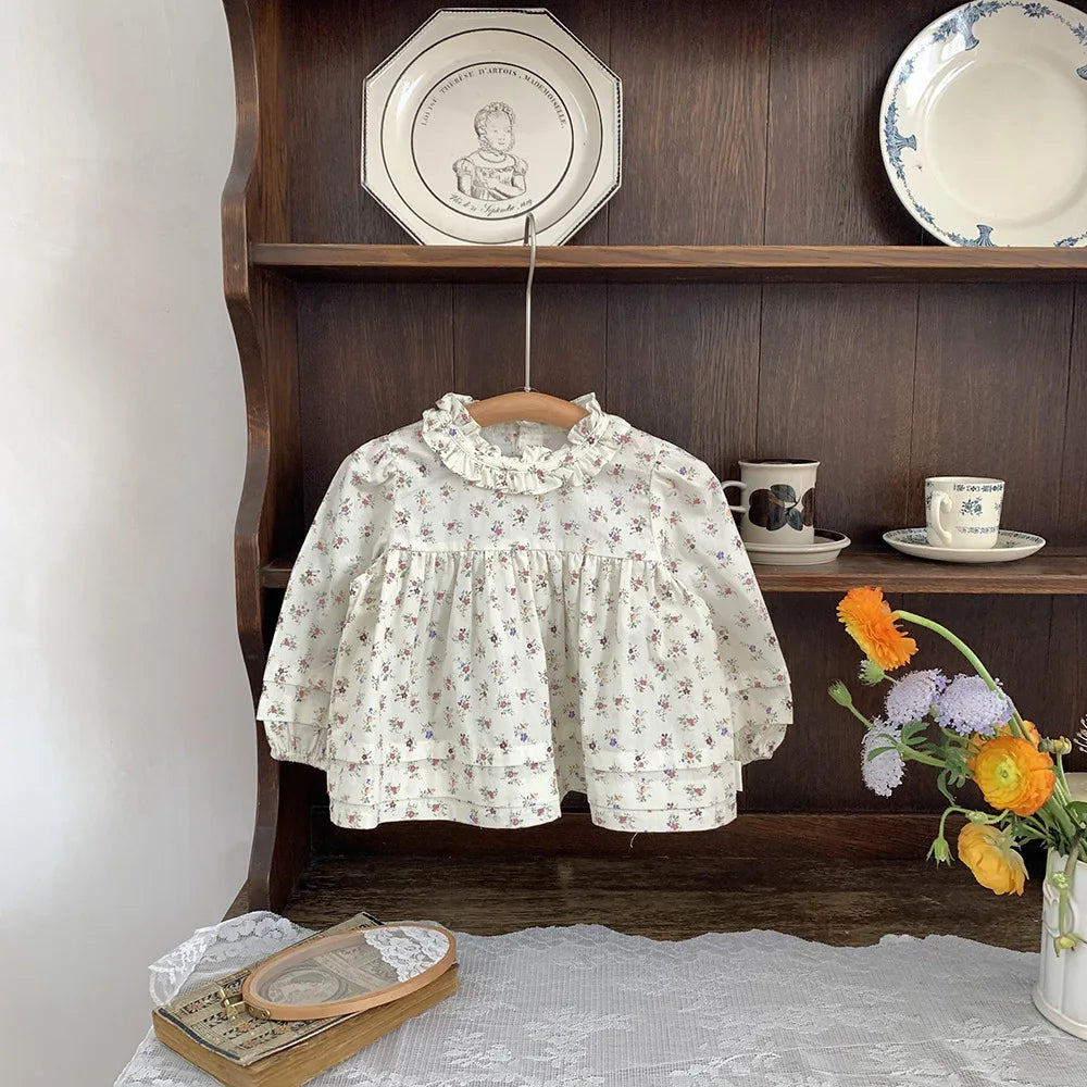 Spring Toddler Girls Blouse Petal Pan Collar Summer Soft Cotton Baby Tops Casual Kids Long Sleeve Base Shirt Embroider Clothes