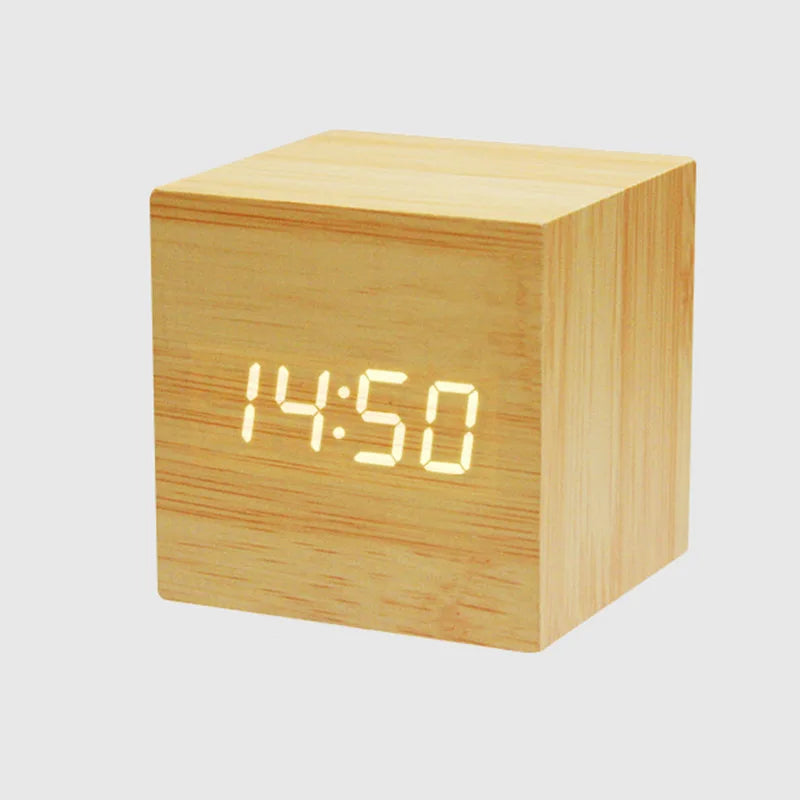 Alarm Clock LED Wooden Watch Table Voice Control Digital Wood Despertador USB/AAA Powered Electronic Desktop Clocks