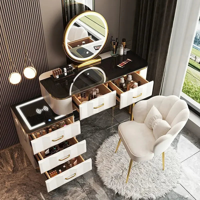 Makeup Vanity Desk with Wireless Charging Station and Bluetooth Speaker, Dressing Table with Tempered Glass Desktop,Vanity Set
