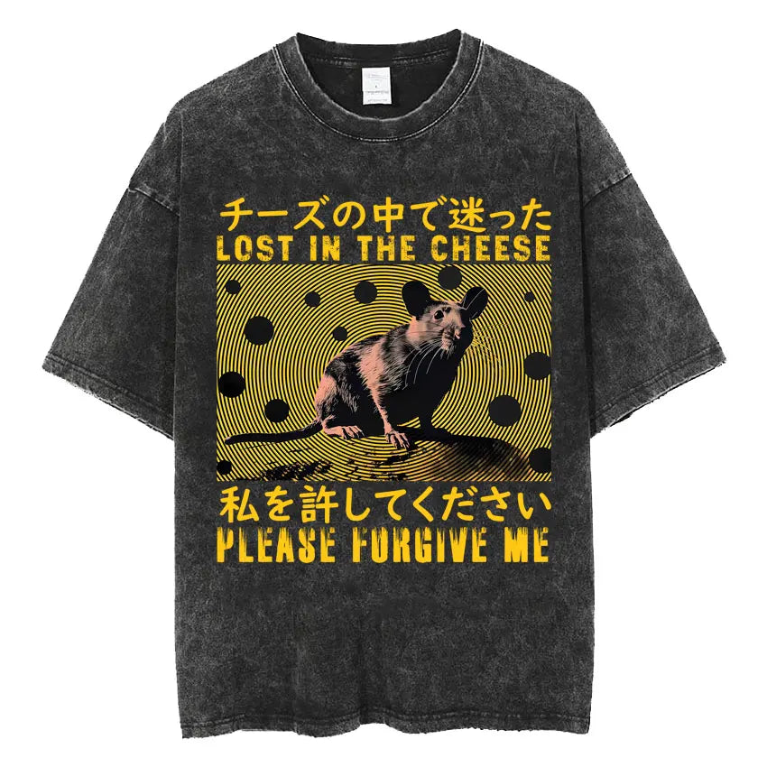 Mens Clothes Vintage Washed The Harbinger of Awkward Situations Weirdcore Japanese Funny Short Sleeved Round Neck Y2k Tshirt