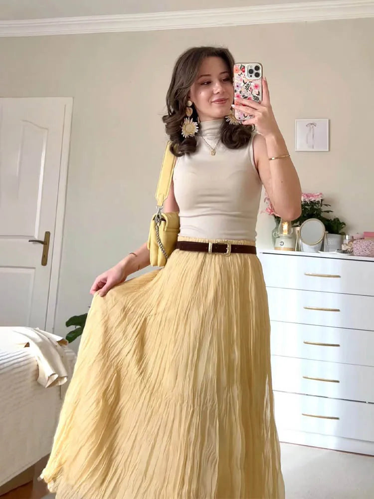 HH 2025 Women Summer New Solid A-Line Midi Skirt Female Casual Pleated Button Crease Effect Trendy Elastic Waist Skirts