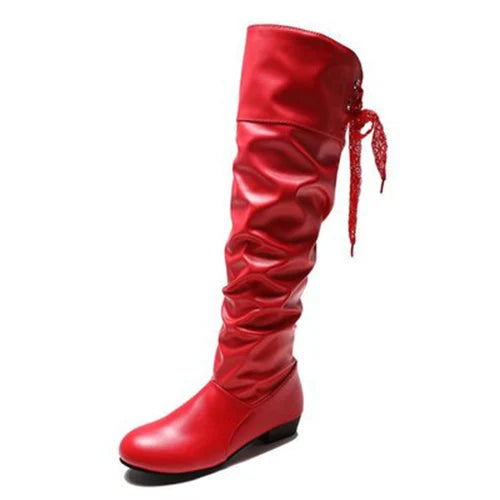 Women's Pleated Low Heel Knee High Boots