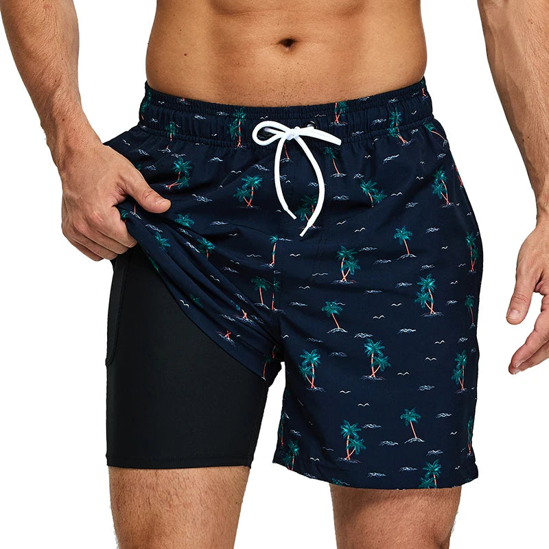 ESCATCH 2026 Summer New Style Mens Shorts 2 in1 Fitness Printing Traje De Baño Hombre Long Lining With Zipper Pockets Swimsuit