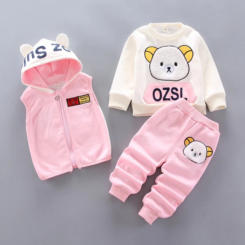 Boys Girls Cartoon Clothing Suits Baby Plus Velvet Jacket+Hooded Vest+ Pants 3Pcs Sets Kids Toddler Winter Sports Clothes 0-4Y