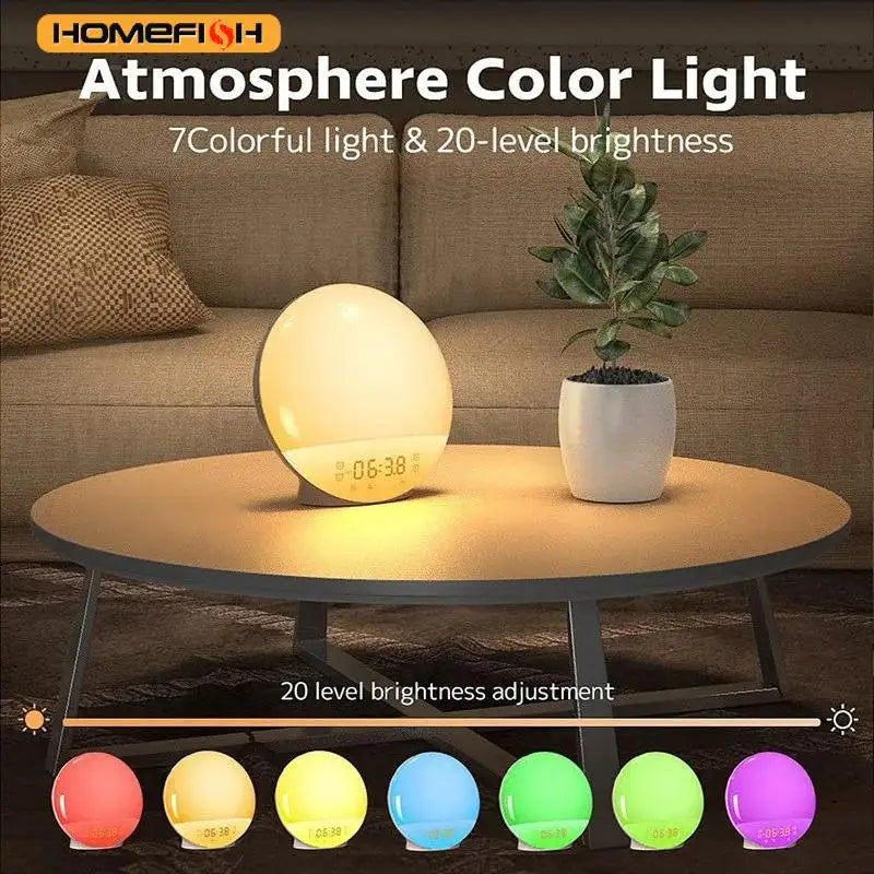 Sunrise Sunset Simulation Awakening Alarm Clock with Colorful Atmosphere Light and FM Radio Function.Relaxed Natural Sound Tunes