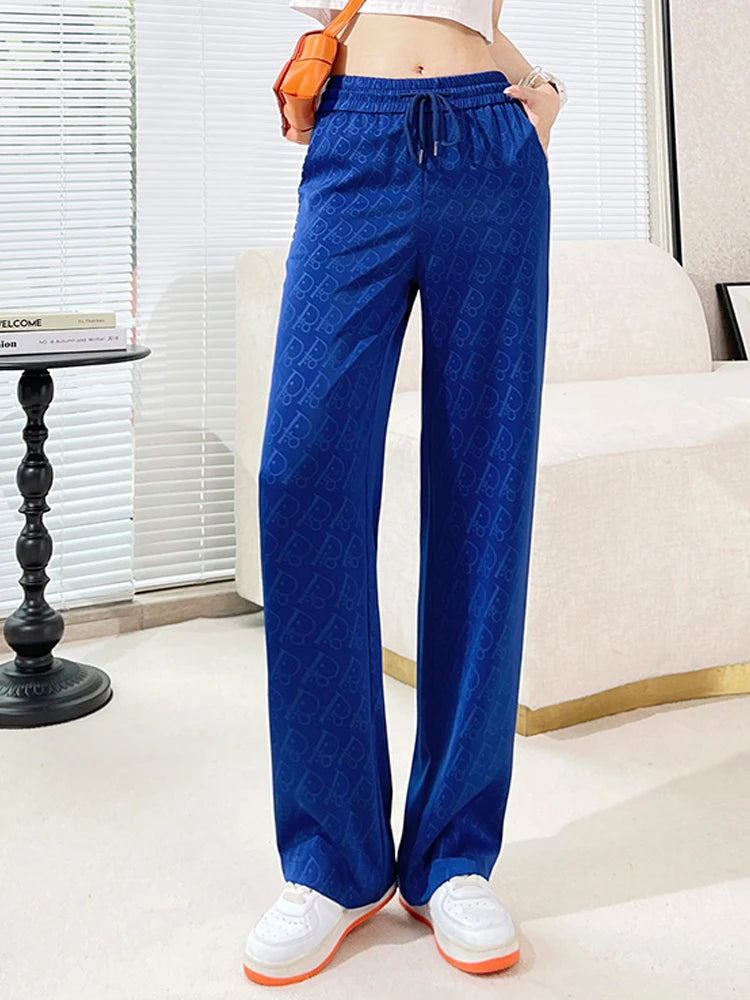 Summer Satin Letters Print Pants Women Casual Streetwear Loose Hight Waist Fashion Straight Trousers Pantalon Pour Femme New 4XL