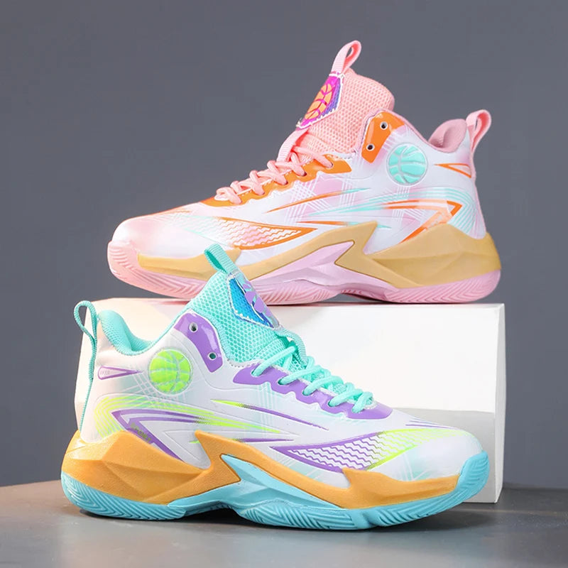 Girls Basketball Sneakers High Top Design Breathable Non Slip Anti Twist Sole Athletic Shoes for Kids Training and Casual Wear