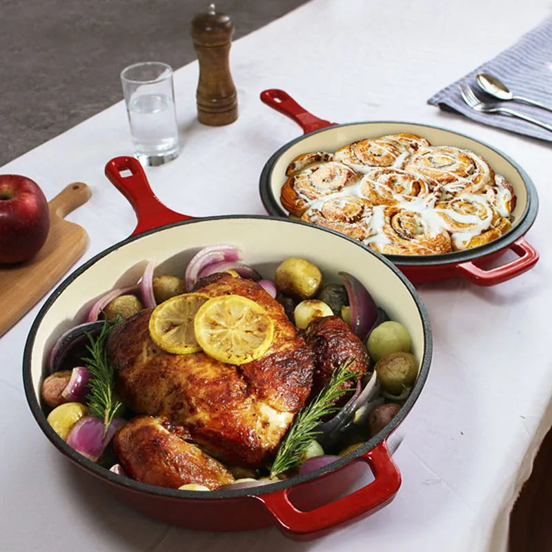26cm Cast Iron Enamel Saucepan Multi-fucntion Frying Pan Roasted Griddle Bread Baking Pot