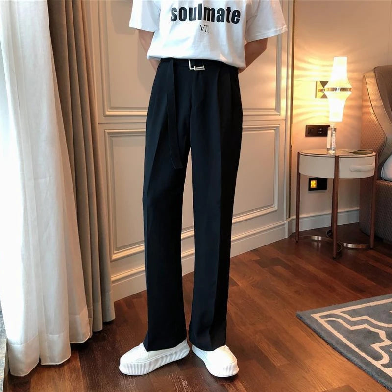 White Trousers For Men Baggy With Belt Wide Leg Elegant Spring Clothes Man Suits Pants Clothing Promotion Hot Fabric Summer 2025