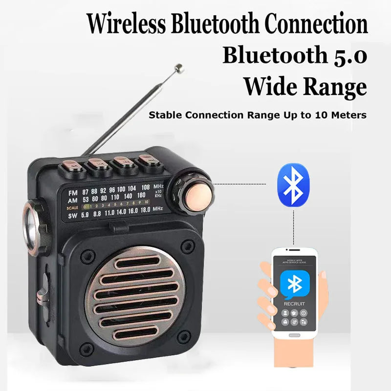 FM AM SW Stereo Radios Portable Pocket Mini Radio Receiver Multifunctional Wireless Bluetooth Music Player with LED Flashlight