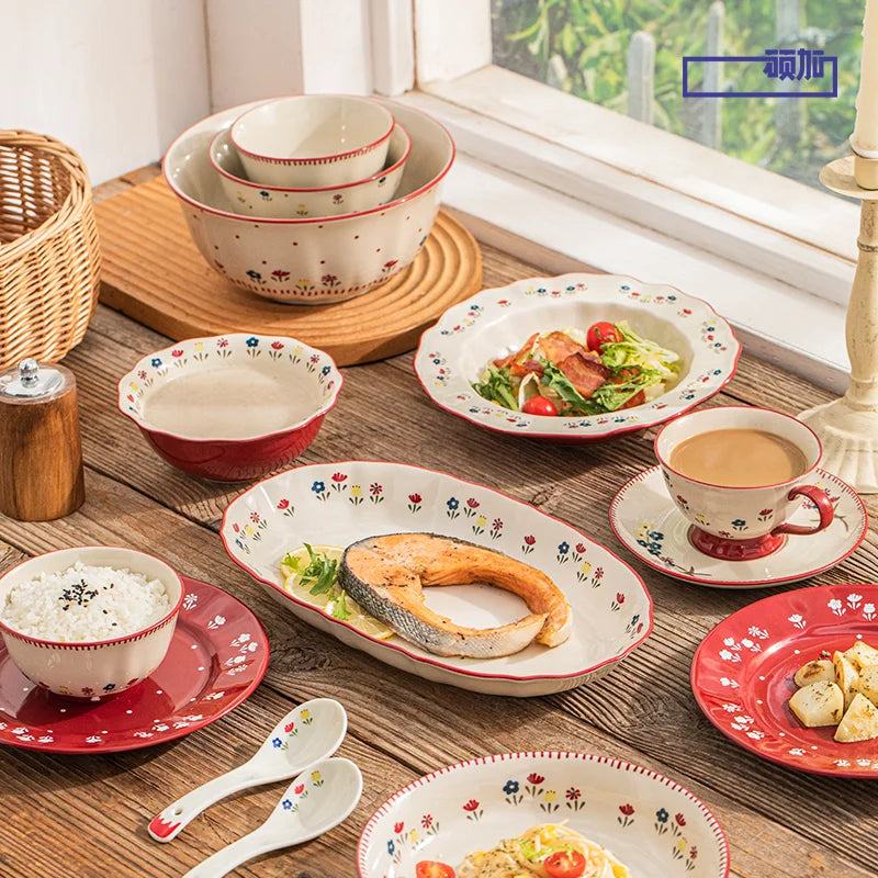 High Quality Vintage Ceramic Dinnerware Ceramic Soup Bowl Salad Pasta Plate Microwave Safe Colorful Ceramic Plates Bowls Set